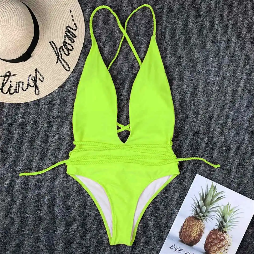 Neon Yellow Женская одежда для плавания, сделай сам, длинный ремешок, вокруг, Цельный купальник, женский купальник, глубокий v-образный вырез, купальный костюм, купальник, боди, V1064Y - Цвет: Neon Yellow