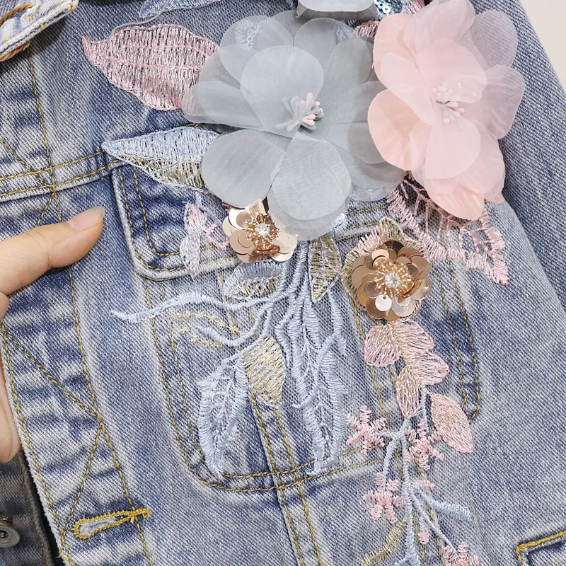 Модная весенняя Новинка женская джинсовая куртка с вышитыми блестками и