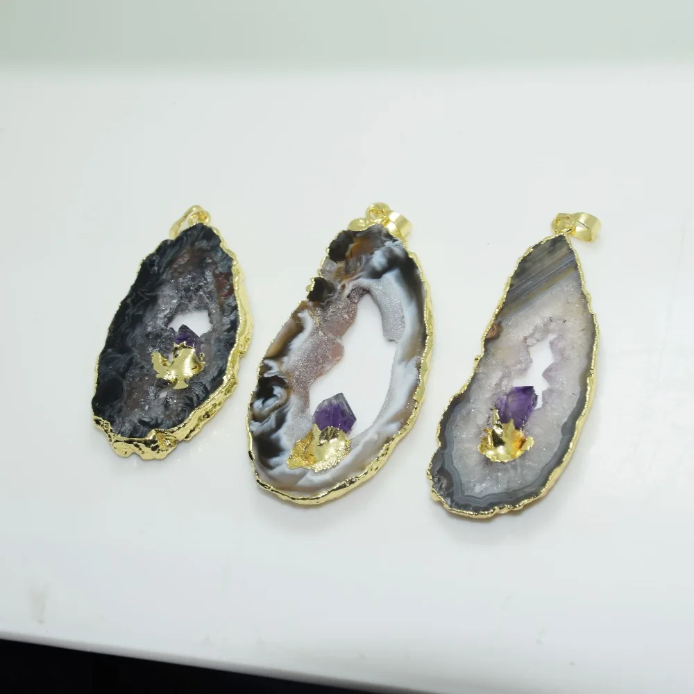 5 шт. черный серый лак geode druzy Чарм, подвеска из камня, натуральная плита, кристалл кварца druzy Подвеска с 24k золотым покрытием