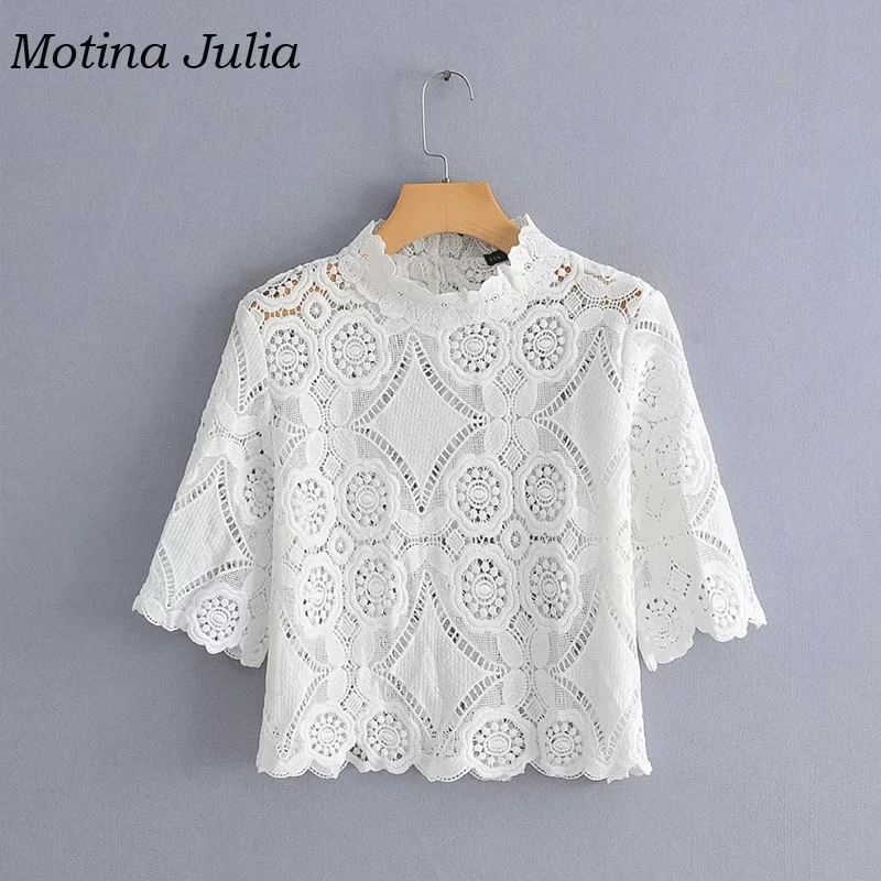 Motina Julia летние белые кружевные блузы рубашки Топы женские 2019 прозрачные вязаные