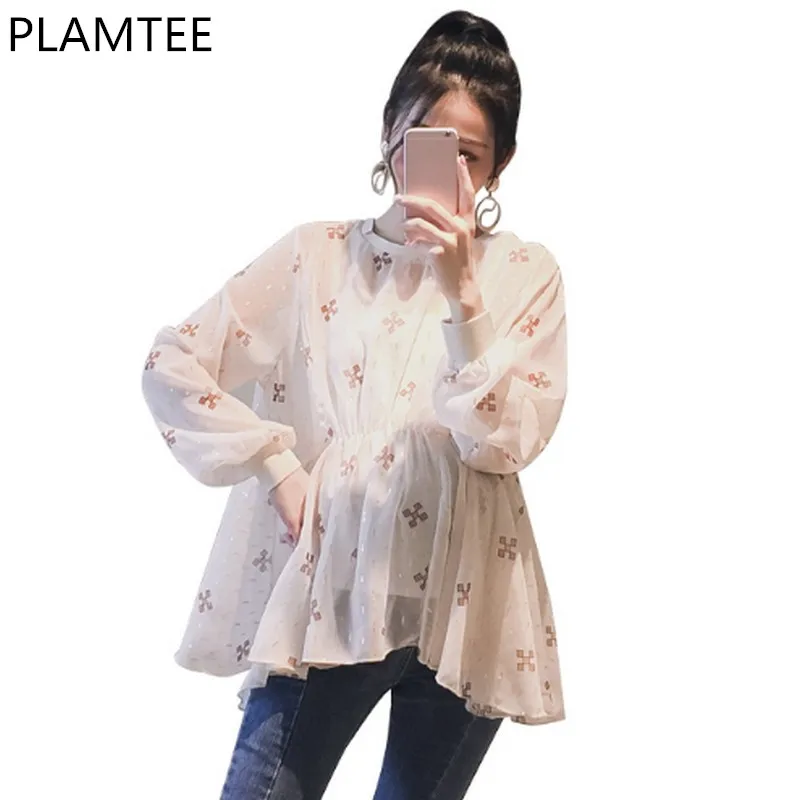 PLAMTEE, 2 шт., рубашка с круглым вырезом для беременных, новинка, весенние топы трапециевидной формы с цветочным принтом для беременных женщин, одежда для беременных