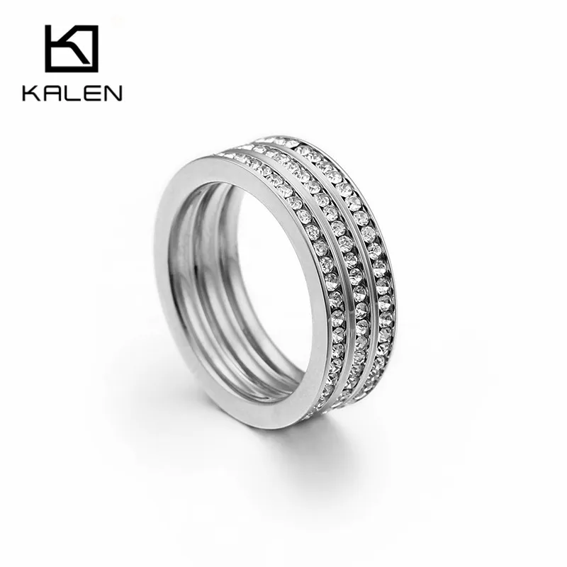 KALEN Модные кольца для женщин три цвета из нержавеющей стали и все Rhinestone кольца для пальцев Свадебные наборы женские ювелирные кольца Подарки - Цвет основного камня: All silver