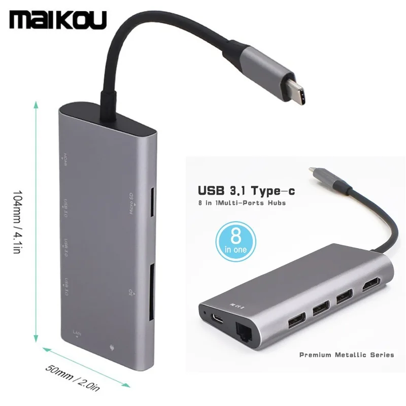 

Maikou USB Type-C Hub, 8-in-1 USB C to Ethernet 4K HDMI 3 x USB 3.0 5Gbps, SD & TF Card Reader with Power Delivery