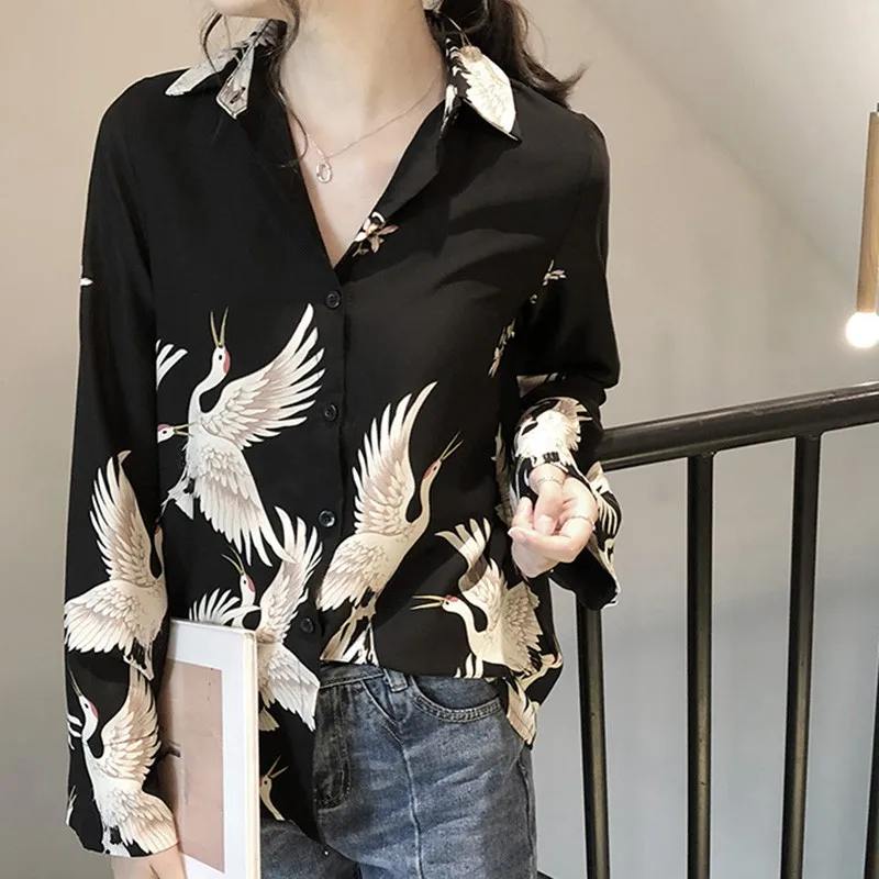 2019 Women Print Long sleeve Blouse Shirts V Neck Spring Fashion Female Top vadim shein blusas kimono harajuku befree modis | Женская