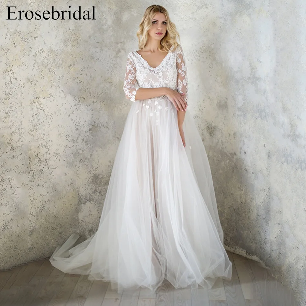 Erosebridal простое свадебное платье 2019 дизайн ТРАПЕЦИЕВИДНОЕ пляжное рукав три