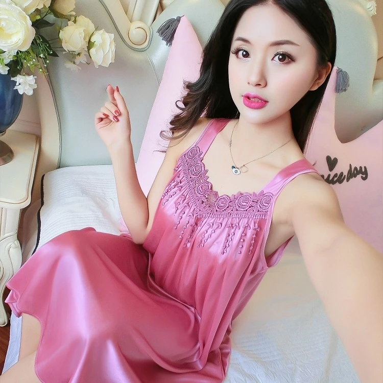 Silk nightgown Сексуальные ночные рубашки, кружевное Ночное платье средней длины с v-образным вырезом, шелковое кружевное ночное белье, женские платья, рубашки, пижамы, белье Babydoll - Цвет: Silk nightgown
