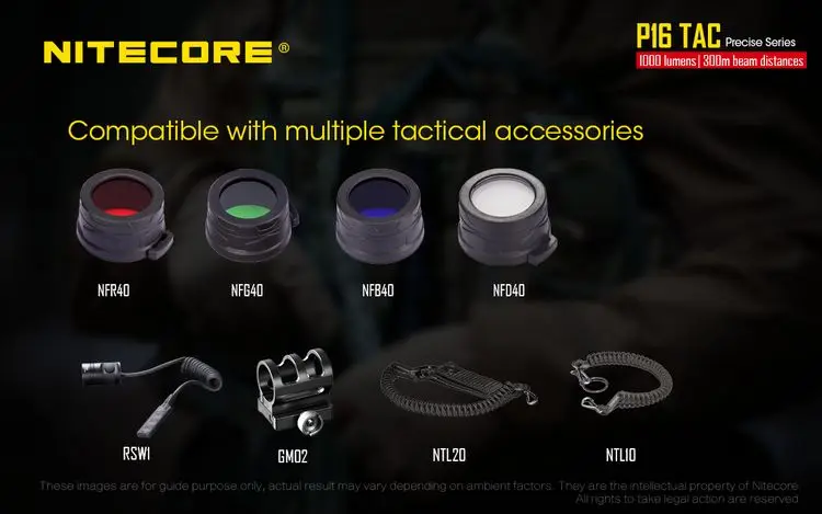 Тактический светильник NITECORE P16TAC P16 TAC для вспышки CREE XM-L2, максимальная дальность луча 1000 люмен, 300 м, уличный фонарь, поисково-спасательный светильник