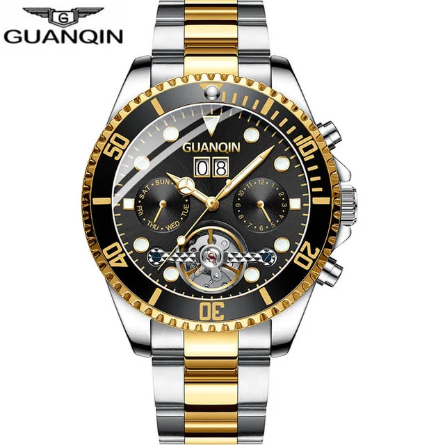 Gold Black Мужские часы Топ бренд класса люкс GUANQIN механические часы зеленый водонепроницаемый Дата Неделя reogios masculinos de luxo - Цвет: Gold Black