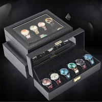 new carbon fiber watch storage box with lock black pu leather watch display case for mechanical watch package case w022