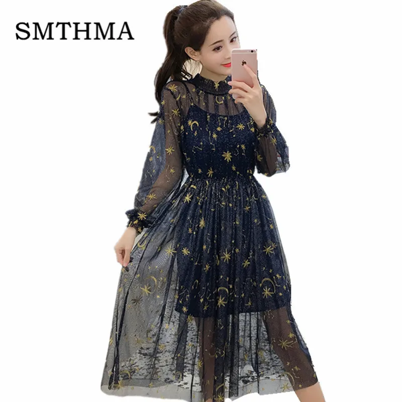 picture color Длинные женские платья с принтом SMTHMA, черные, белые летние платья с вышивкой звездное небо, с длинным рукавом из легкой ткани, длинные пикантные платья, весна-лето - Цвет: picture color