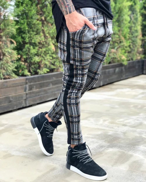 Plaid Gray Популярные мужские Длинные повседневные спортивные штаны для занятий дождем, облегающие брюки для бега, бегунов, тренажерного зала, спортивные штаны - Цвет: Plaid Gray