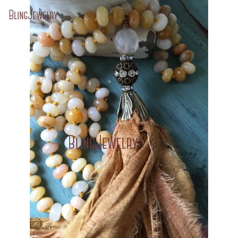 Golden Harvest Sari Silk Tassel Necklace Knotting Jades Rondelles Necklace Shabby Bohemia Urban Hippies Jewelry  NM18282