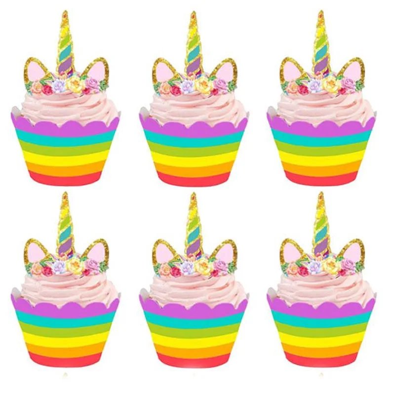 12set cupcake wrappe Розовый Единорог вечерние украшения для девочек на день рождения латексные шары Единорог посуда бумажная шляпа салфетки тарелка скатерть с днем рождения подарок - Цвет: 12set cupcake wrappe