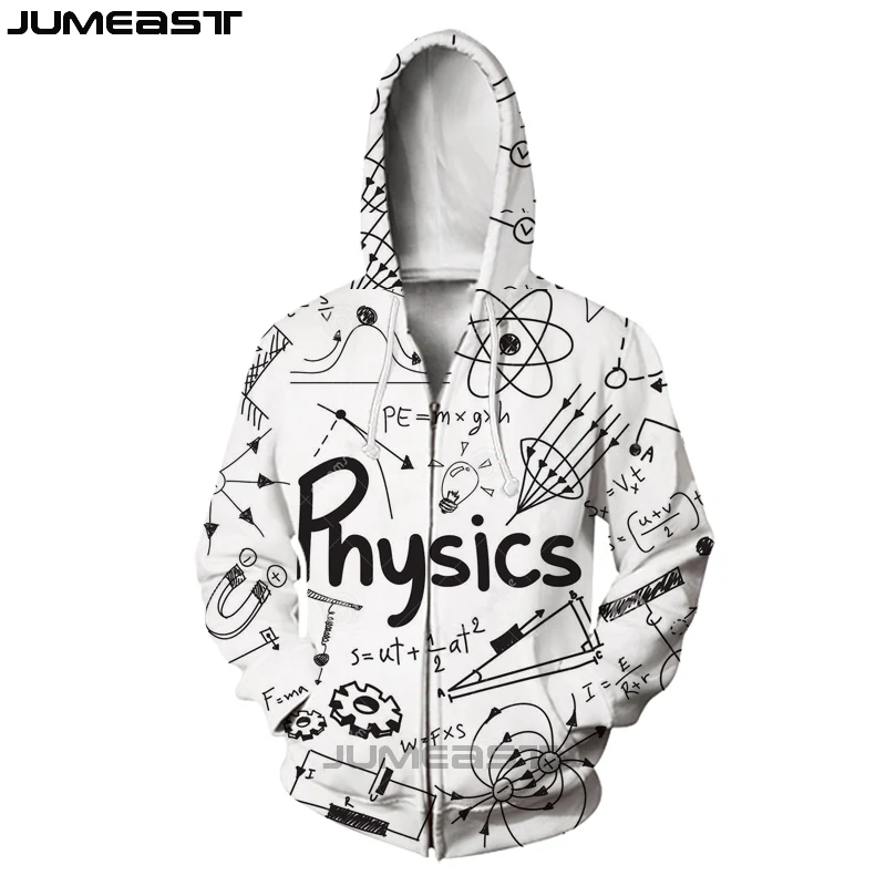Бренд Jumeast, забавная физика, математическая формула, для мужчин/женщин, с 3D принтом, на молнии, с капюшоном, с геометрическим узором, с длинным рукавом, куртка, спортивный пуловер