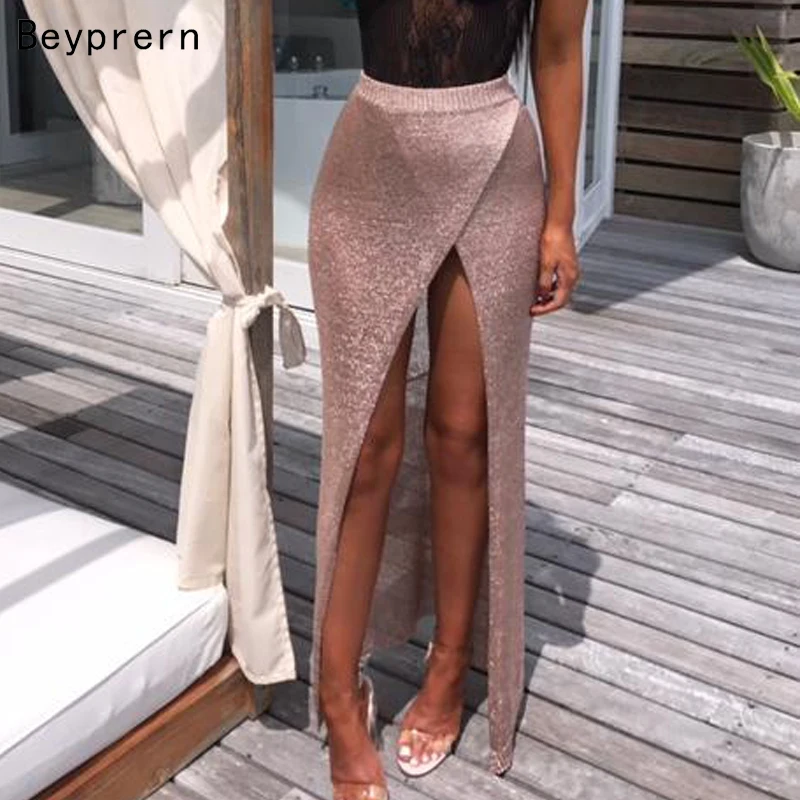 Beyprern Casual Metallic Solid Rose Gold Ankle Length Skirt New Summer Women Silver High Quality Hollow Out Beach Wear | Женская одежда