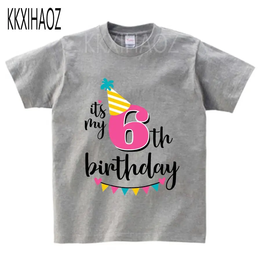Футболка с надписью «Happy Birthday Number» для девочек 4-6 лет, милая летняя одежда для малышей, Детская футболка с цифрами «забавный подарок на день рождения» для мальчиков, NN - Цвет: gray childreT-shirt