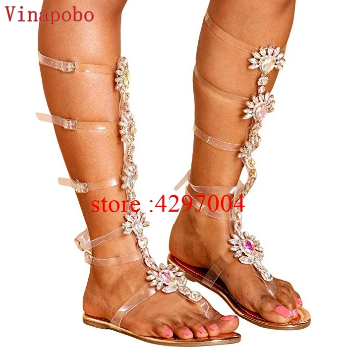 Vinapobo/летние прозрачные сандалии гладиаторы на плоской подошве стразы женские