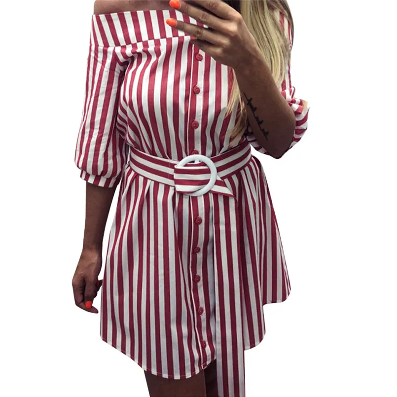 Платье женское в полоску с поясом на кнопках летнее 2019|Женские платья| |