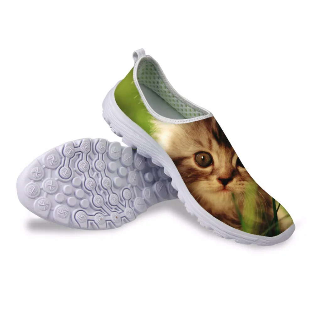 

NOISYDESIGNS Spring Summer Women Mesh Casual Shoes Cute 3D Animal Cat Printed Female Lightweight Slip-on Shoes Beach flat Shoes