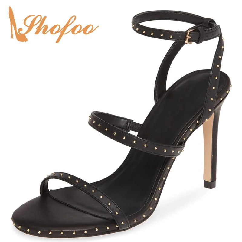 

Black Rivets High Thin Heels Sandals Woman Stilettos Ankle Buckle Strap Large Size 11 16 For Ladies Summer Shoes Mature Fashion