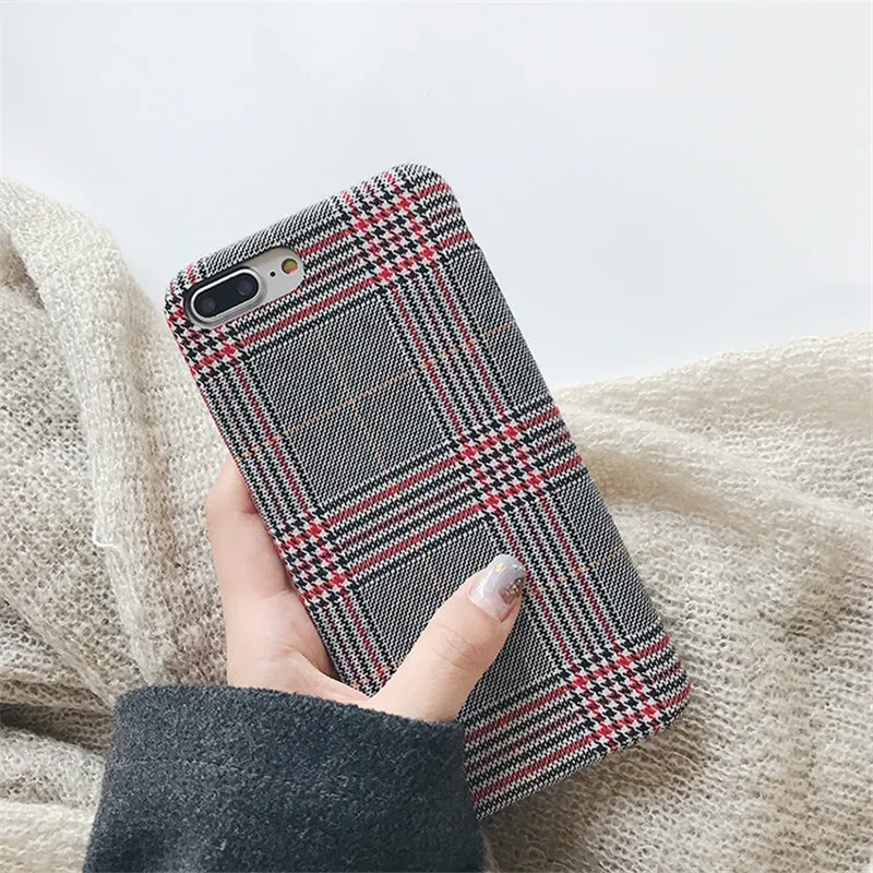 Тёплый тканевый плюшевый чехол LUDI для телефона iPhone 8 Plus простой клетчатый мягкий