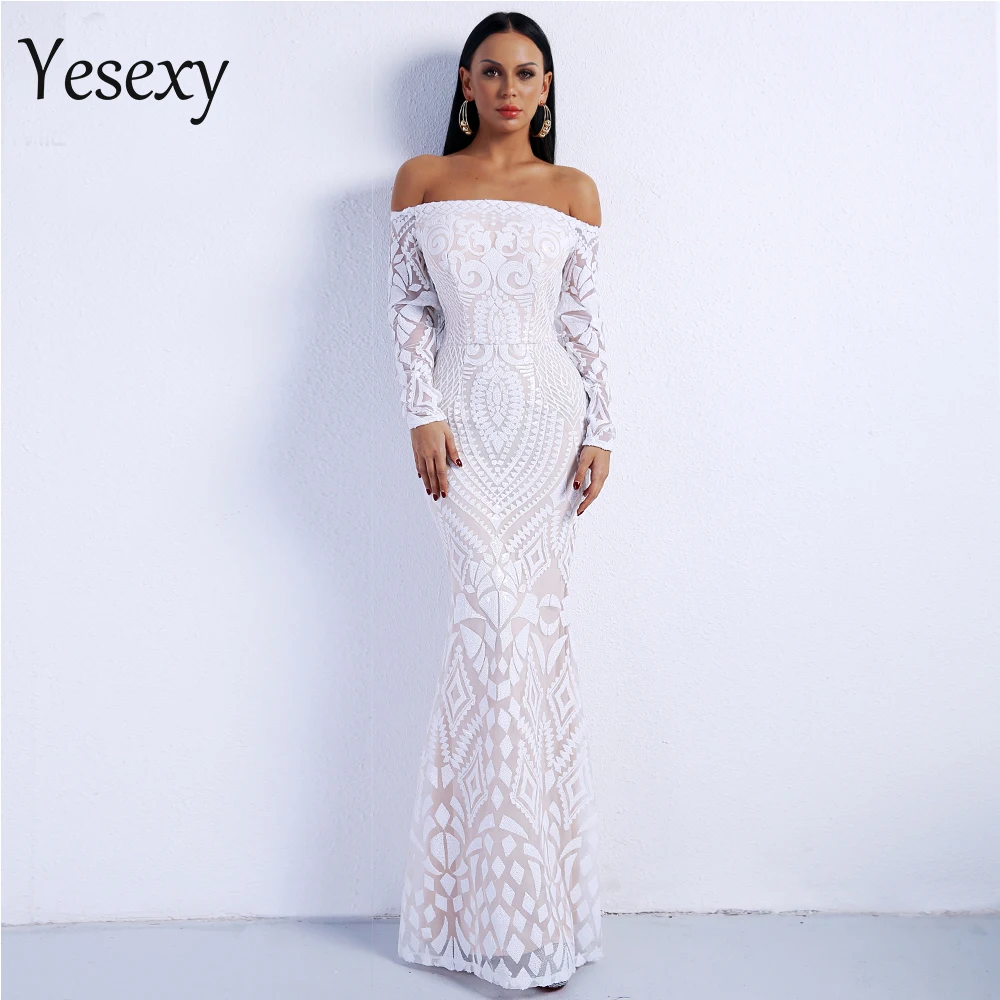 

Yesexy 2021 Sexy slash neck long sleeve sequin maxi dress VR8249