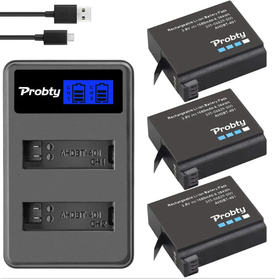 3battery withcharger Оригинальная батарея probty для GoPro Hero4 Hero 4+ ЖК-зарядное устройство для go pro AHDBT-401 HERO4, аксессуары для экшн-камеры черного и серебристого цвета - Цвет: 3battery withcharger