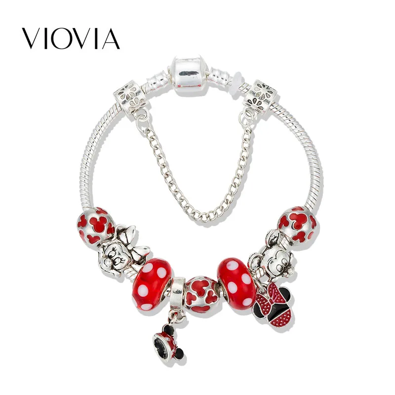 VIOVIA 925 модные серебряные Микки Минни Амулеты Браслет с подвесками для женщин бусины в виде Микки-Мауса подходят оригинальные браслеты ювелирные изделия B19006