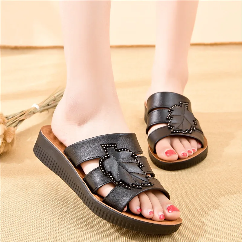 ZZPOHE New Summer Woman Sandals Ladies PU Leather Casual Soft Flat Slippers Slip On Comfortable Women Shoes