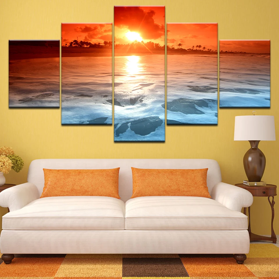 Wall Art Canvas Painting Living Room Modular HD Print Pictures 5 Pieces Blue Sea Beach Island sunset Seascape Posters Home Decor | Дом и сад