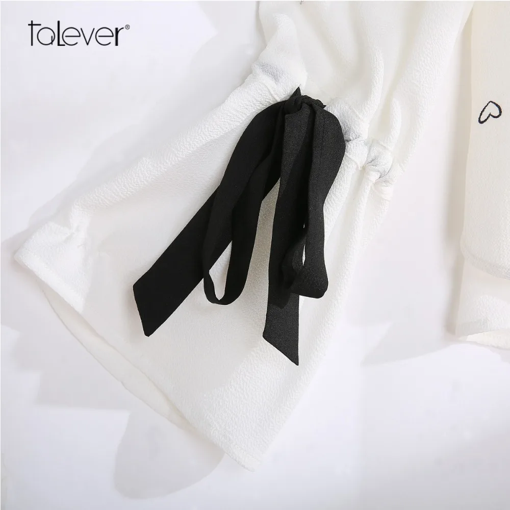 Women Fashion Chiffon Blouse Spring Casual Black Bow Ribbon Flare Sleeve Female Shirt Floral Printed White elegant Talever |