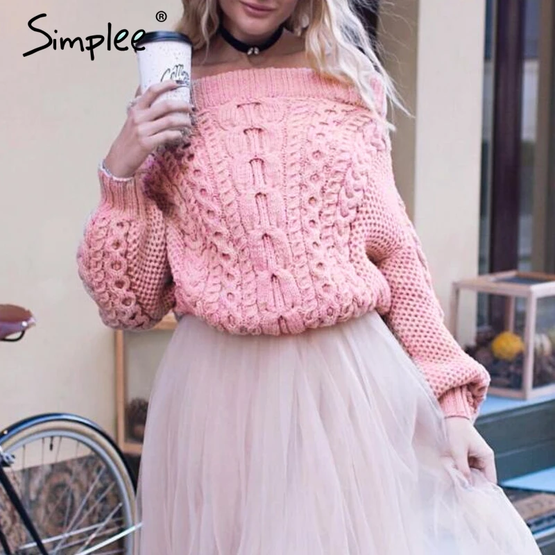 Simplee Твист с открытыми плечами вязаный свитер для женщин зима 2018 рукав &quotлетучая