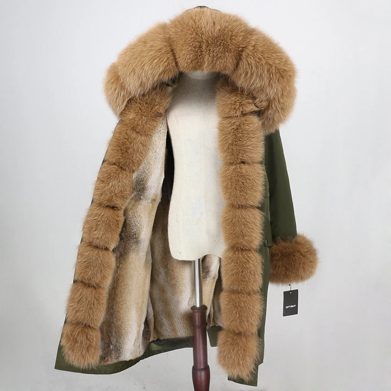 green camel OFTBUY Водонепроницаемая парка X-long натуральное меховое пальто зимняя куртка женская натуральный Лисий мех воротник капюшон Подкладка из натурального кроличьего меха уличная одежда - Цвет: green camel