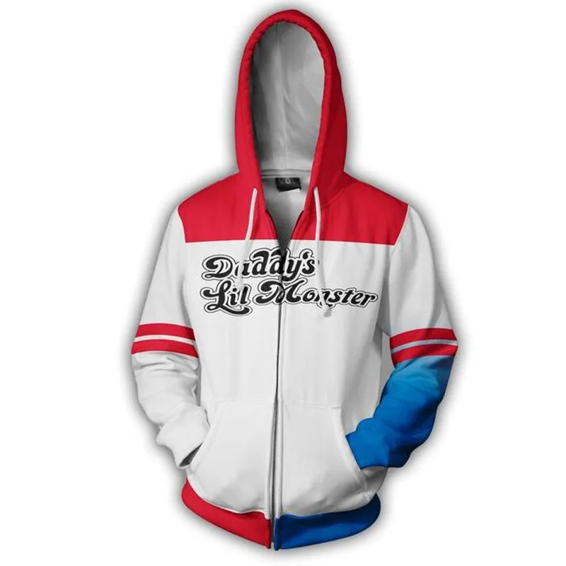 Толстовка с капюшоном для мужчин и женщин из фильма отряд самоубийц Харли Квинн на молнии, Косплей свитер, костюм аниме, 3D печать, новинка