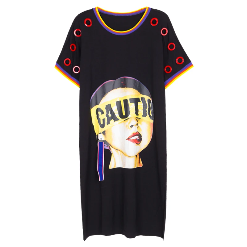Original design hip-hop character letter lip biting female pattern hollowed out five points long sleeved dress | Женская одежда