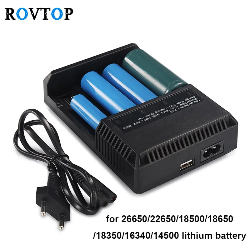 Rovtop Универсальный 4 Порты и разъёмы Батарея Зарядное устройство Li Ion 18650 18350 14500 16340