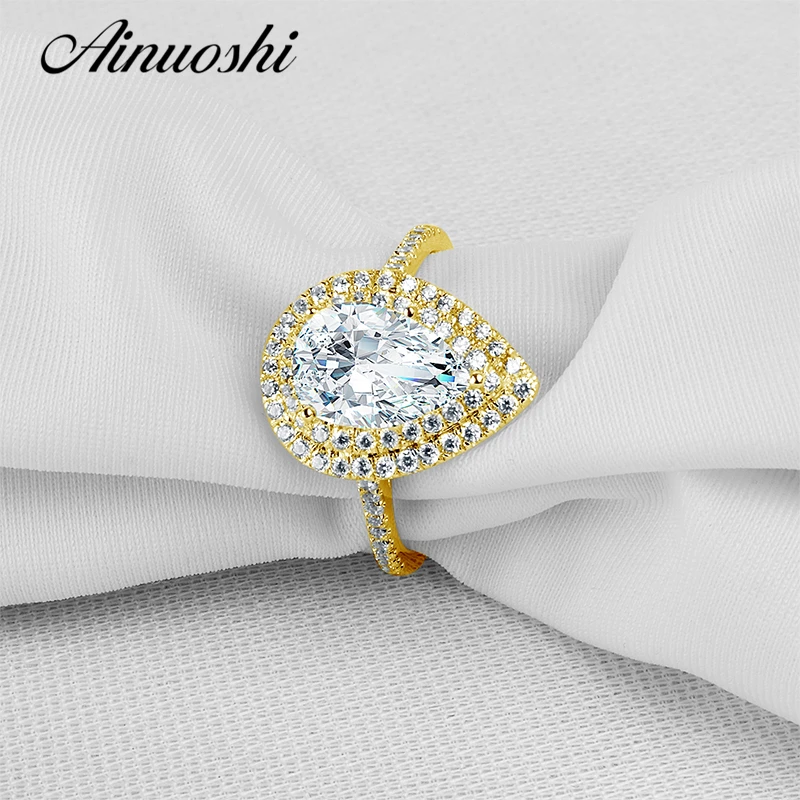 AINUOSHI двойное Halo Кольцо с вкраплениями 14K твердого белого/желтого золота Anillo 2 карата жемчужина вырезанные имитация алмаза женские кольца на годовщину