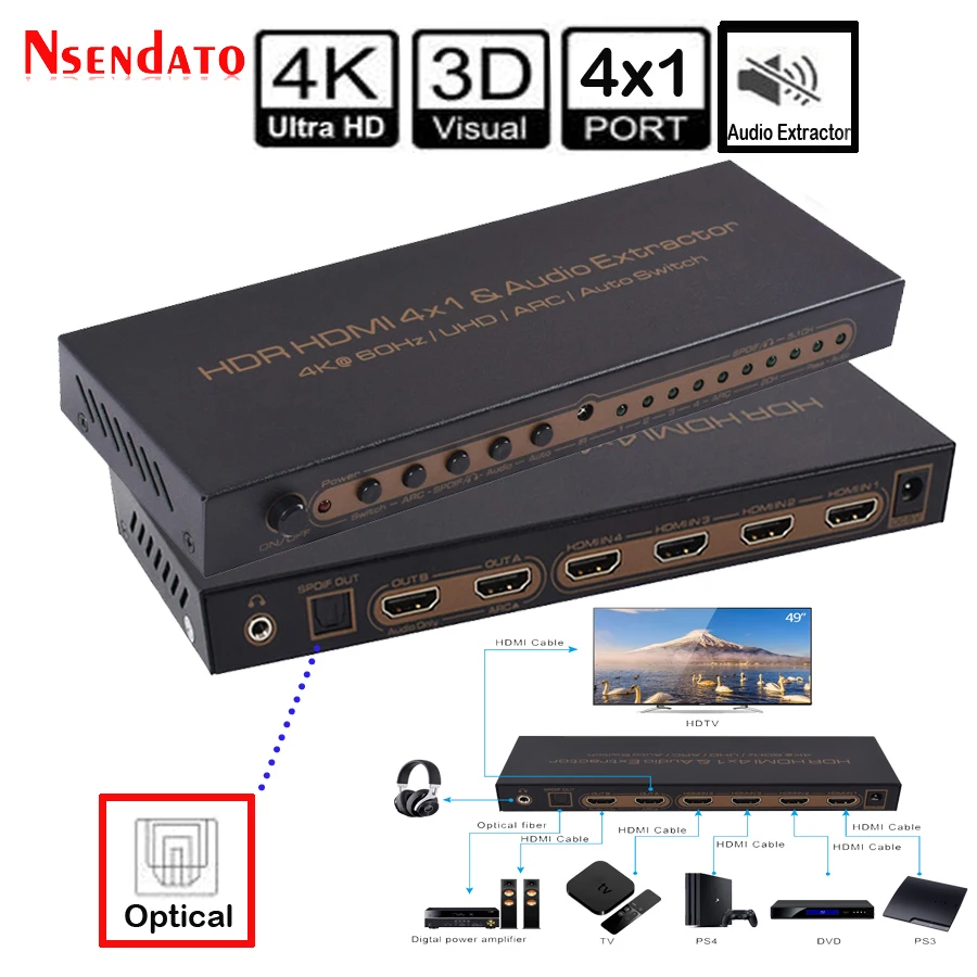 4 к* 2 к 60 Гц HDR HDMI разветвитель 4X1 аудио экстрактор для DTS Dolby ARC SPDIF EDID 4 в 1 выход HDMI конвертер переключатель адаптер