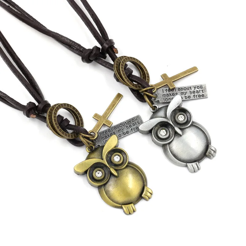 

Owl Necklace Korean Vintage Retro Leather Cord Cute Pendant Female Women Men Cartoon Long Sweater Chain Antique 2021 Bronze