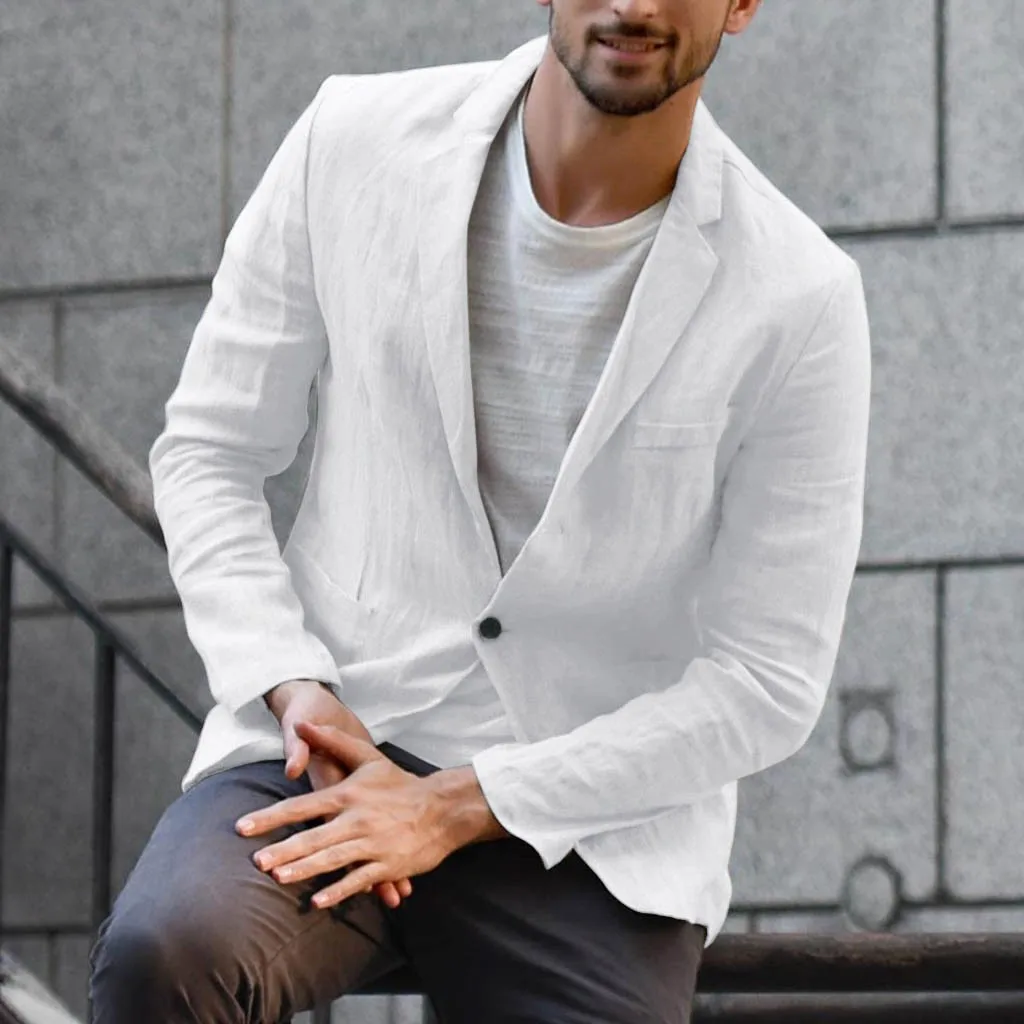 Hot Men Slim Fit Linen Blend Blazers Business Suits Solid Color Slim Dress Business Suit Long Sleeve Blazer Jacket Outwear