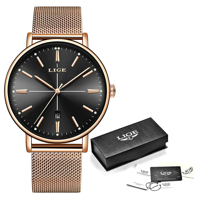 Rose gold black Новинка, синие женские часы, деловые кварцевые часы, женские роскошные часы от ведущего бренда LIGE, женские наручные часы, женские часы для девушек, Relogio Feminin - Цвет: Rose gold black