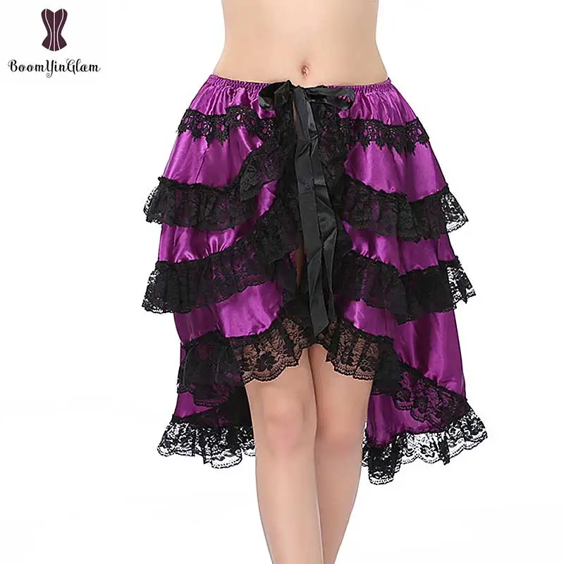 Женская юбка в стиле стимпанк фиолетовая летняя до колен с черным кружевным