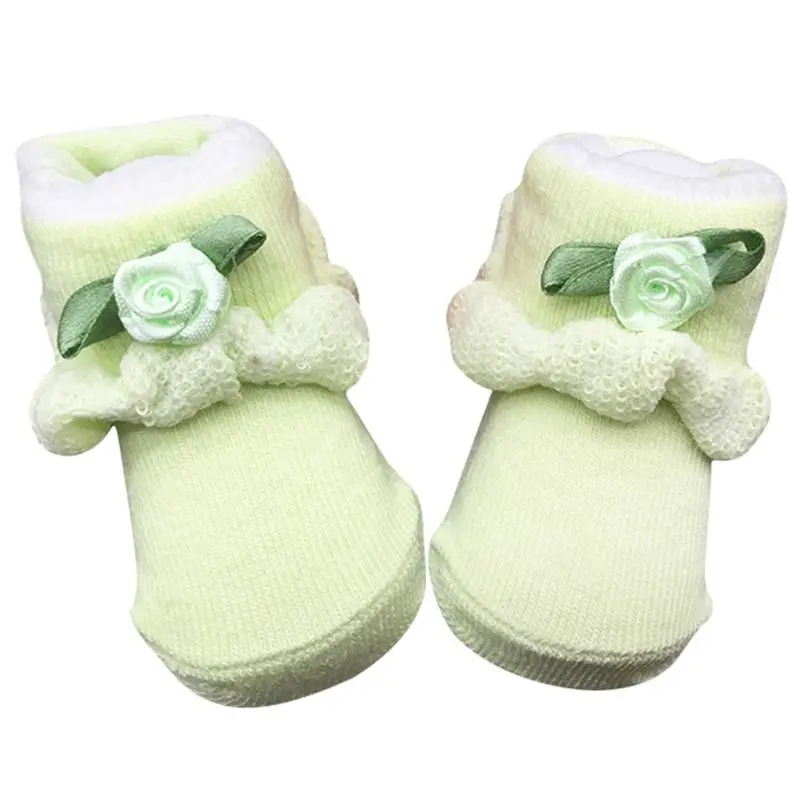 Green With Floral Нескользящие носки для малышей; теплые зимние носки для альпинизма для малышей; однотонные мягкие Плотные хлопковые носки для новорожденных - Цвет: Green With Floral