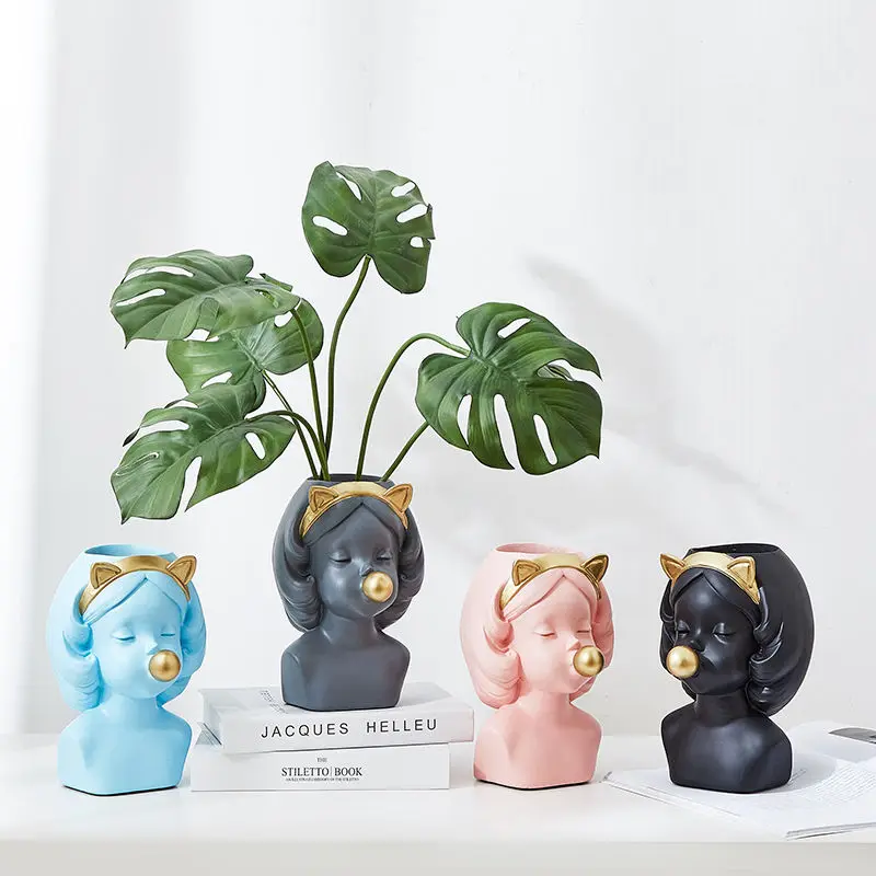 

Creative Art Portrait Sculpture Head Vase Bubble Gum Girl Flower Vase Flower Arrangement Accessories Home Decoration R1963