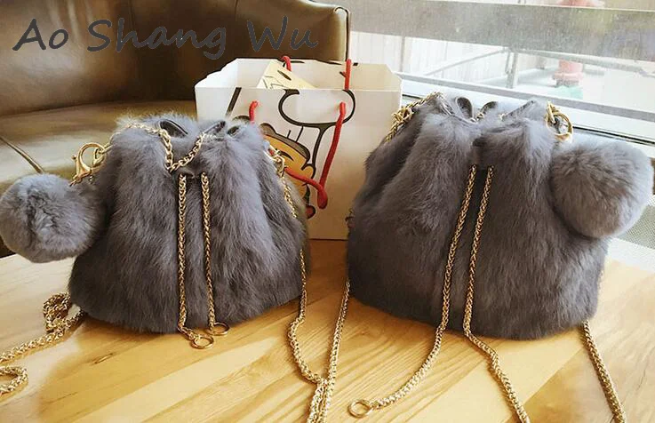 Новый 2017 бархат мешок цепи плечо шерсти помпой небольшой ведро|bucket bag|wool bagvelvet bag |