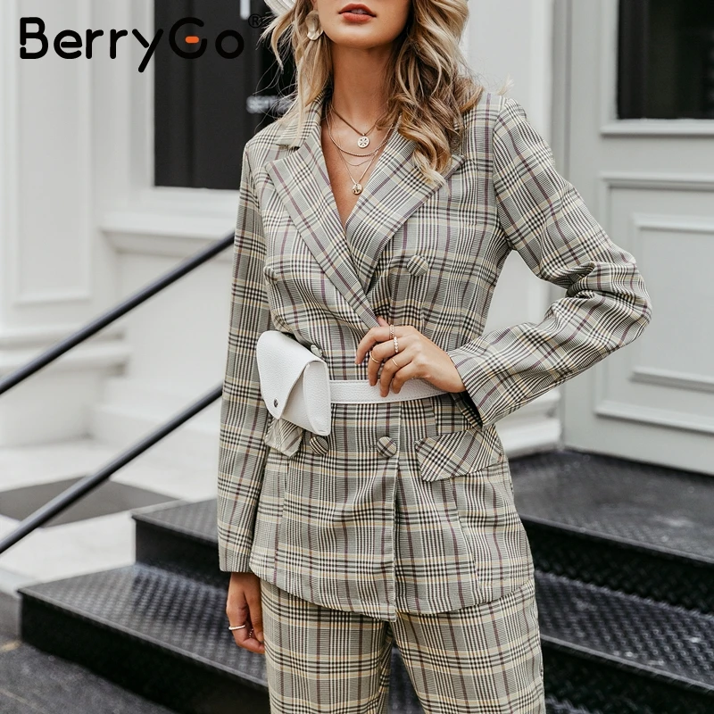 Женский клетчатый Блейзер BerryGo Элегантные повседневные брюки с высокой талией