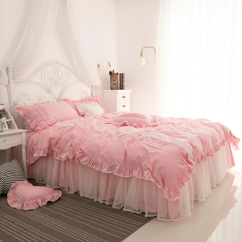 С кружевом из чистого хлопка Постельное белье Розовый пододеяльник набор