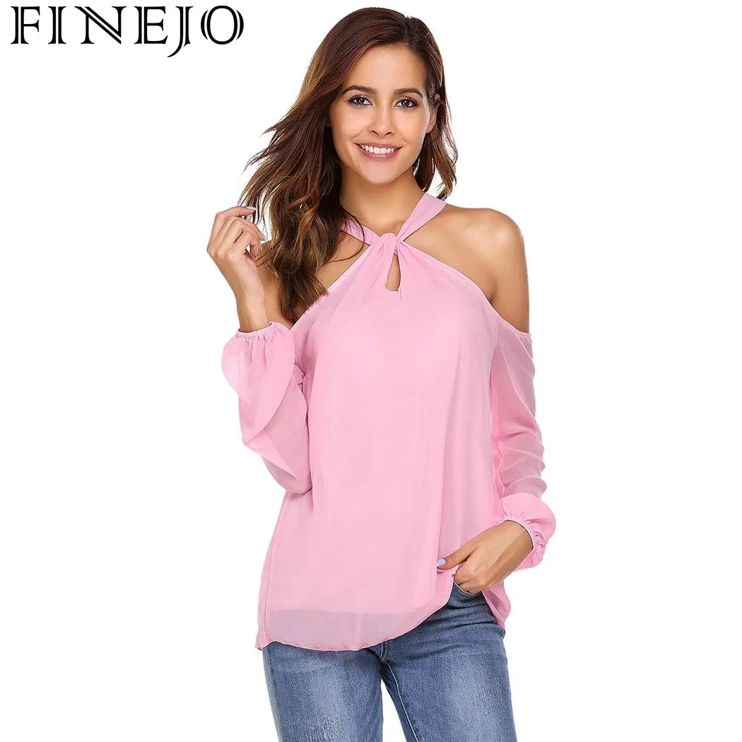 Женские шифоновые топы с длинными рукавами finejowinfashion однотонные открытыми