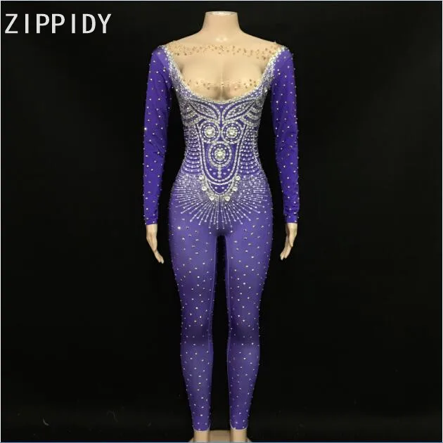 Fashion Flashing Rhinestones Spandex Purple Jumpsuit Women's  Party Celebrate Outfit Nightclub Singer Wear Leggings