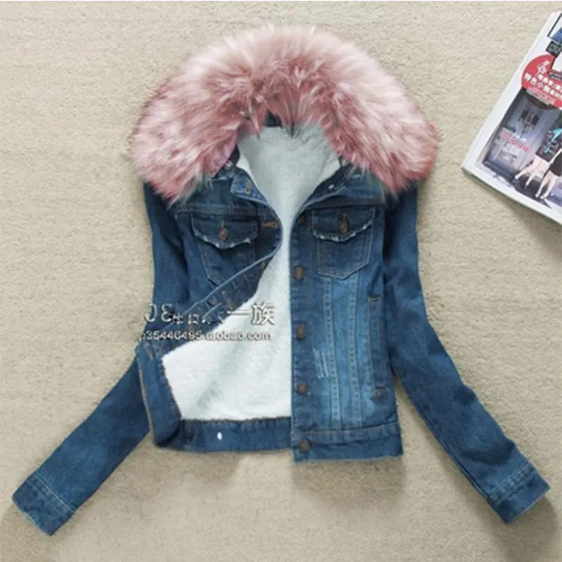 Dark blue Pink Зимние джинсовые куртки с меховым воротником плюс бархатная теплая парка верхняя одежда женское кашемировое хлопковое пальто Модная Джинсовая куртка для девочек LJ162 - Цвет: Dark blue Pink